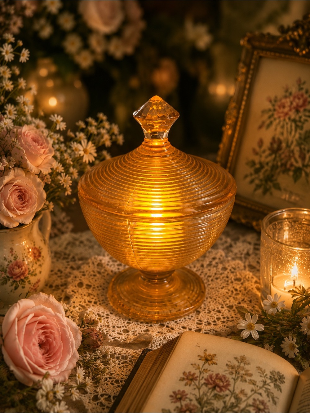 Small Jeannette Glass Amber Fairy Lamp Covered Candy Dish Cottagecore Glow